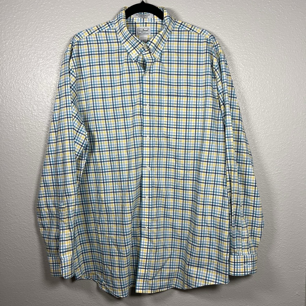 L.L. Bean Yellow Blue Men's Large Plaid Cotton Shirt Long Sleeve Wrinkle‎ Resist